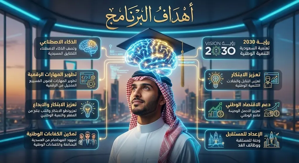 تصميم فني إبداعي يدمج بين التقنيات الناشئة للذكاء الاصطناعي ومستهدفات رؤية المملكة 2030 في التعليم.