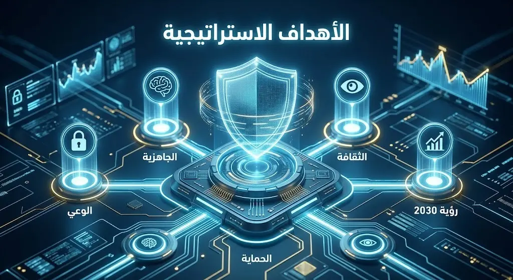 تصميم بصري يستعرض الأهداف الاستراتيجية الخمسة لبرنامج الأمن السيبراني، والتي تشمل تعزيز الوعي، رفع مستوى الحماية، تحقيق الجاهزية، ترسيخ الثقافة، ودعم مستهدفات رؤية المملكة 2030.