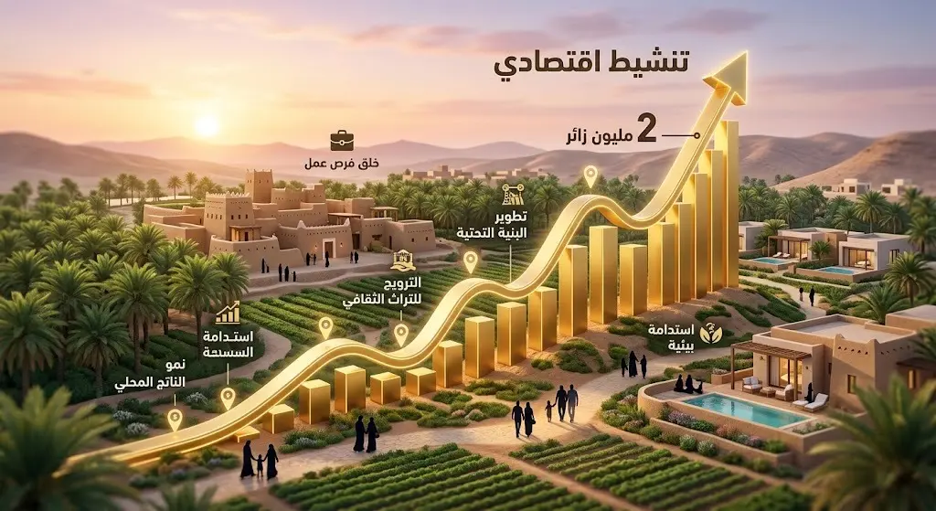 تصميم بياني يوضح الأهداف الاستراتيجية لموسم صيف الباحة واستهداف مليوني زائر وتأثيرهم الاقتصادي.