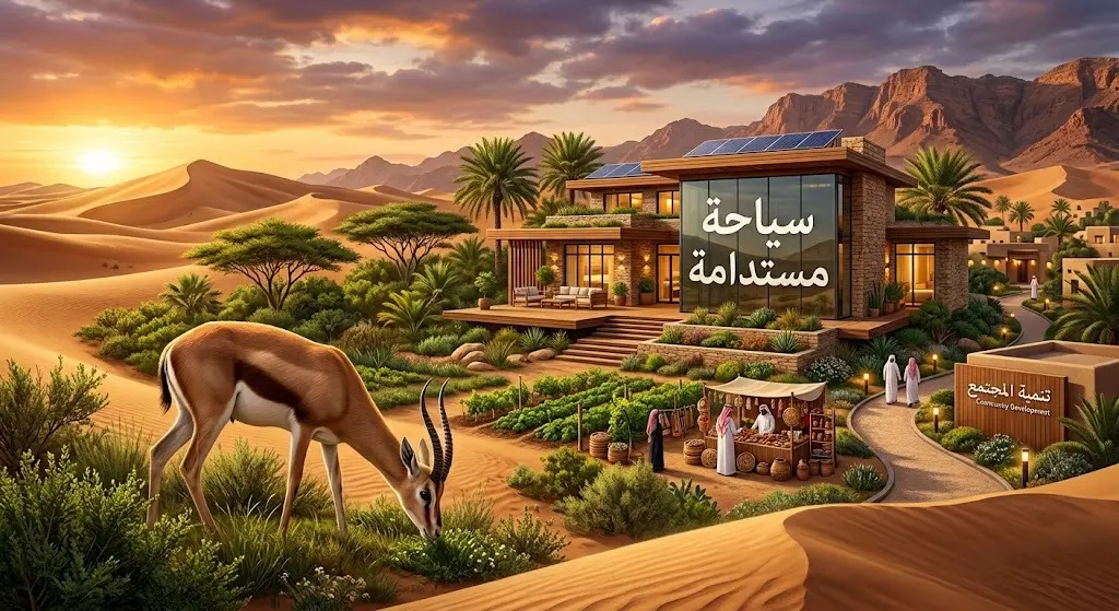 تصميم تعبيري يجسد التوازن بين السياحة البيئية المستدامة، تنمية الاقتصاد المحلي، والمحافظة على الحياة الفطرية في المحميات الطبيعية.