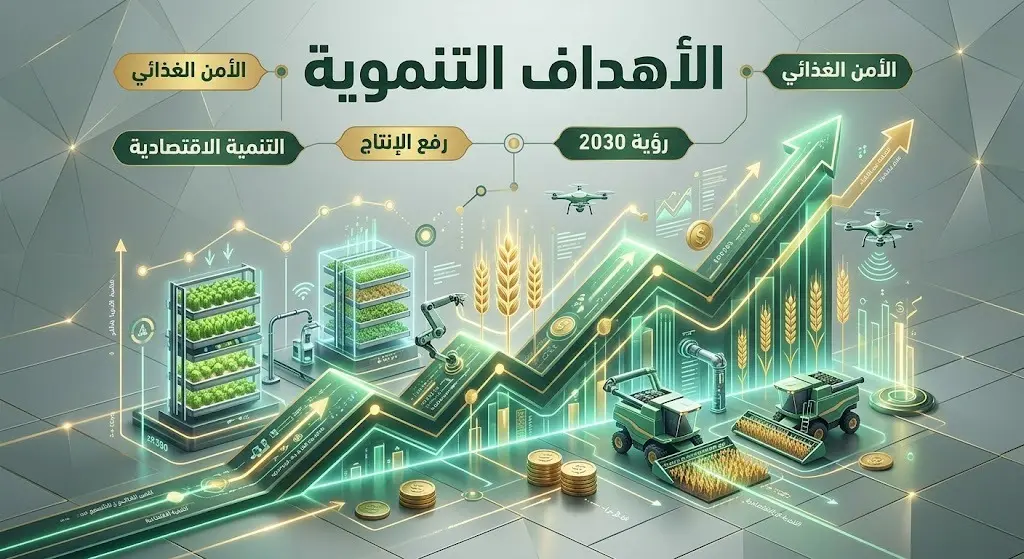 تصميم إبداعي وإنفوجرافيك يوضح الأهداف التنموية والاقتصادية للمشروع وارتباطه برؤية المملكة 2030 لتعزيز الأمن الغذائي.