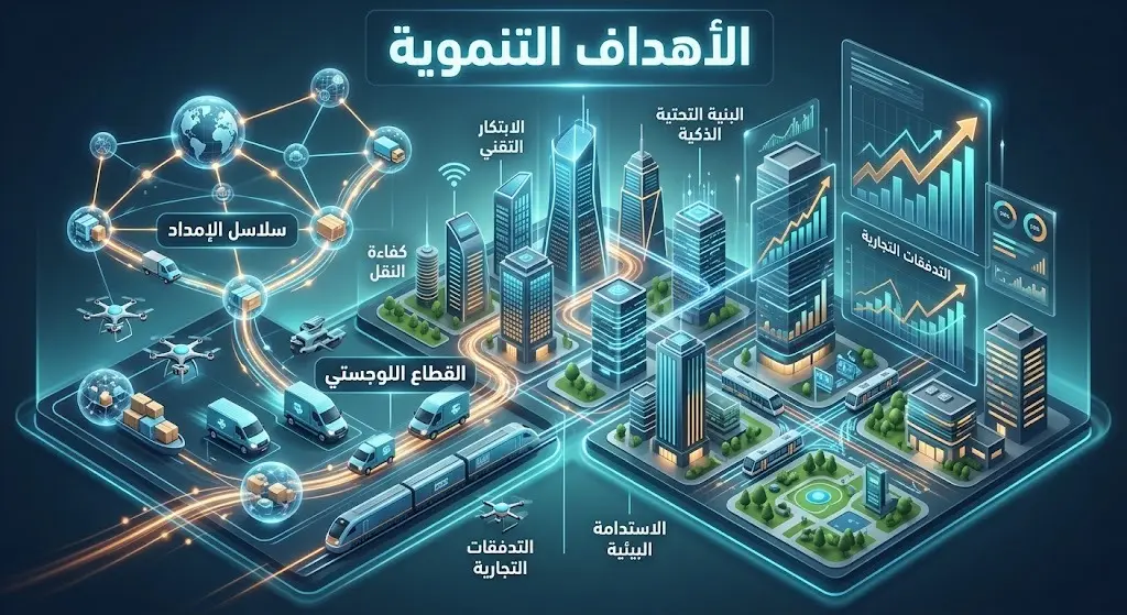 تصميم بصري يستعرض الأهداف التنموية لمشاريع الأمانة مثل دعم سلاسل الإمداد وتطوير القطاع اللوجستي
