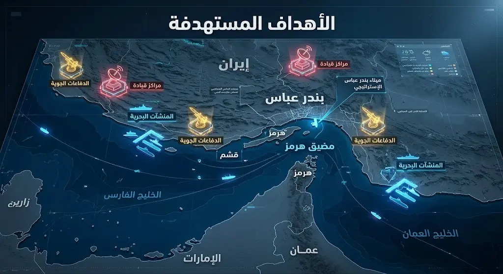 خريطة معلوماتية تستعرض الأهداف الاستراتيجية التي قصفها الجيش الأمريكي في مدينة بندر عباس ومحيط مضيق هرمز.
