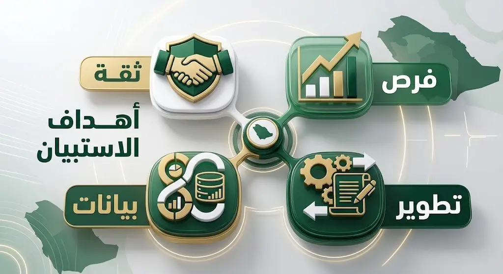 تصميم إنفوجرافيك يوضح الأهداف الرئيسية لاستبيان ثقة المستثمر بما في ذلك قياس الثقة ورصد التحديات وتحديد الفرص.