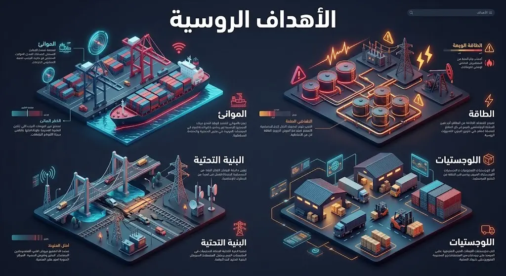 تصميم إنفوجرافيك يوضح الأهداف الروسية المعلنة في أوكرانيا، وتشمل الموانئ، منشآت الطاقة، البنى التحتية، والمراكز اللوجستية.