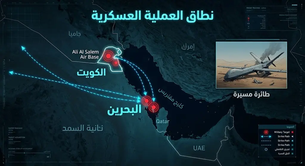 إنفوجرافيك يوضح خريطة الأهداف العسكرية التي استهدفتها القوات الإيرانية في البحرين والكويت وموقع إسقاط الطائرة المسيرة الأمريكية.