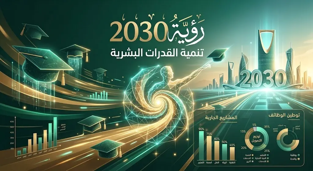 تصميم إبداعي يبرز مواءمة أهداف النادي الصيفي مع برنامج تنمية القدرات البشرية ورؤية السعودية 2030.