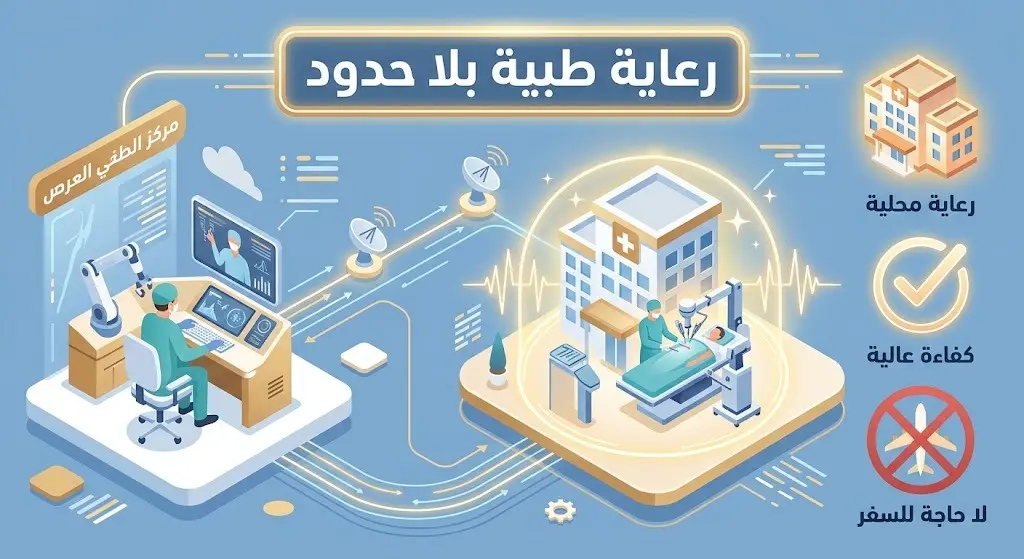 تصميم بصري يستعرض فوائد الجراحة عن بعد للمرضى، مبرزاً تلقي الرعاية التخصصية العاجلة دون الحاجة للانتقال الجغرافي.