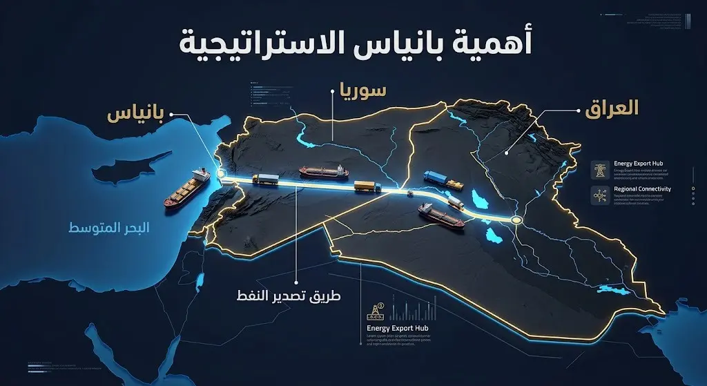 خريطة إنفوجرافيك توضح الأهمية الاستراتيجية لمدينة بانياس السورية كخط حيوي لنقل النفط من العراق إلى البحر المتوسط.