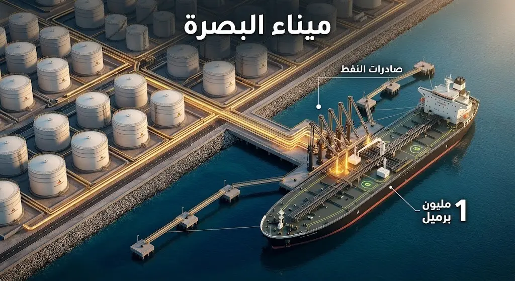 إنفوجرافيك ثلاثي الأبعاد يبرز الأهمية الاستراتيجية لميناء البصرة كشريان رئيسي لتصدير النفط العراقي مع توضيح حجم الحمولة.