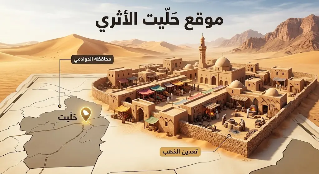 رسم إنفوجرافيك يوضح الأهمية الجغرافية والتاريخية لموقع حلِّيت الأثري كمستوطنة لتعدين الذهب، معالمها العمرانية وموقعها الجغرافي قرب محافظة الدوادمي.