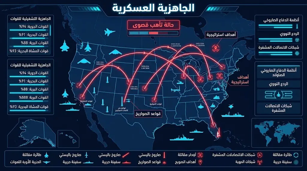 تصميم إنفوجرافيك يوضح الجاهزية العسكرية الأمريكية ومسارات الصواريخ الموجهة.