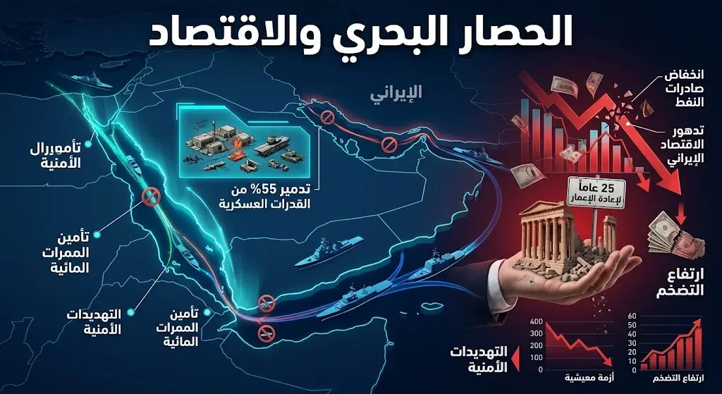 إنفوجرافيك تحليلي يستعرض تأثير الحصار البحري الأمريكي في البحر الأحمر على الاقتصاد الإيراني، مع إبراز إحصائيات تدمير 55% من القدرات العسكرية وفترة إعادة الإعمار المقدرة.
