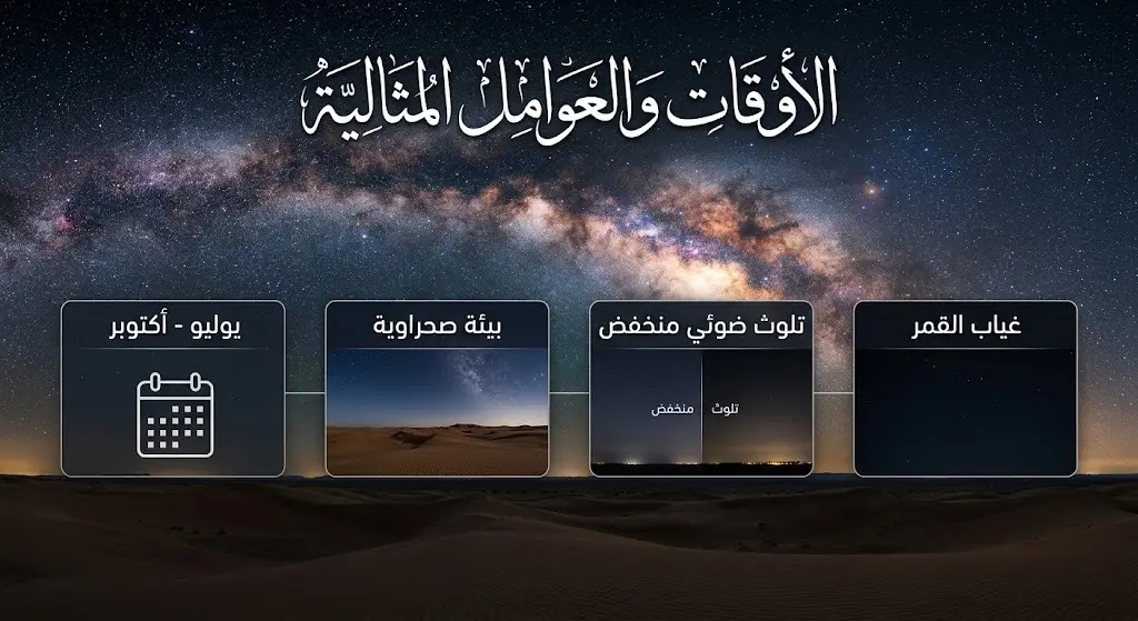 إنفوجرافيك فلكي يوضح الأوقات والظروف البيئية المثالية لرصد مجرة درب التبانة في البيئة الصحراوية