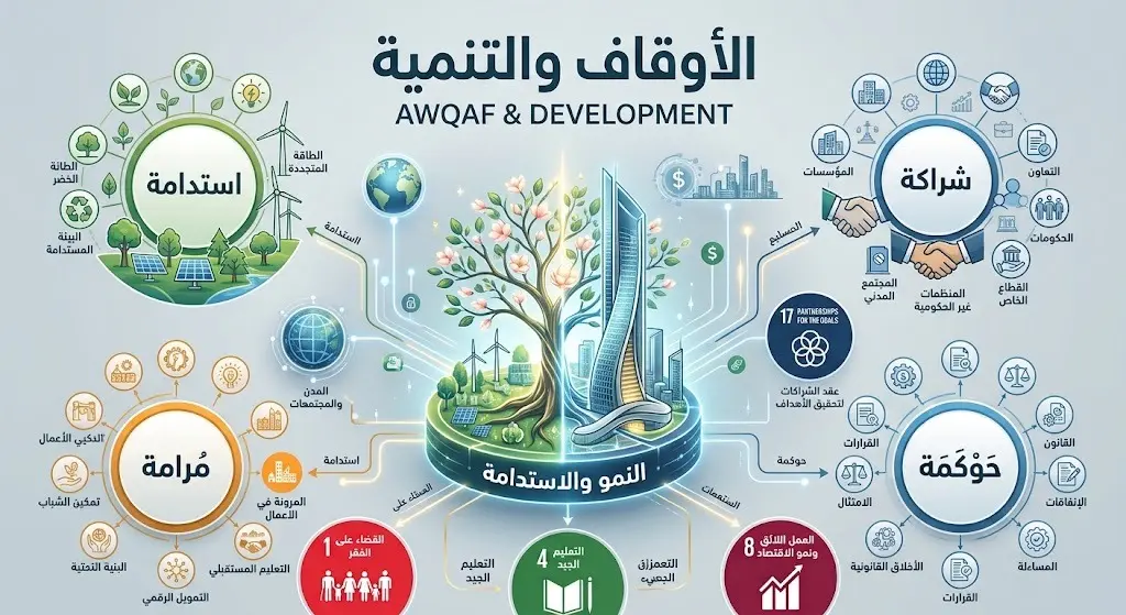 تصميم إنفوجرافيك إبداعي يربط بين قطاع الأوقاف وأهداف التنمية المستدامة، يعرض أيقونات للمدن المستدامة والشراكات مع نصوص عربية توضيحية.