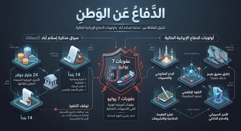 إنفوجرافيك احترافي يستعرض بنود مذكرة إسلام آباد، مبرزاً أرقاماً مثل 24 مليار دولار و14 بنداً، وتأثير العقوبات النفطية.