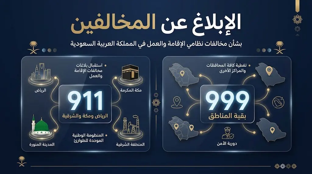 إنفوجرافيك عصري يستعرض أرقام وزارة الداخلية المخصصة للإبلاغ عن مخالفي أنظمة الإقامة والعمل في مختلف مناطق المملكة العربية السعودية.