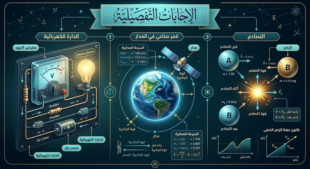 إنفوجرافيك تعليمي يستعرض المفاهيم الفيزيائية الواردة في الامتحان كالتصادم وحركة الأقمار والدارات الكهربائية ضمن الإجابات التفصيلية.