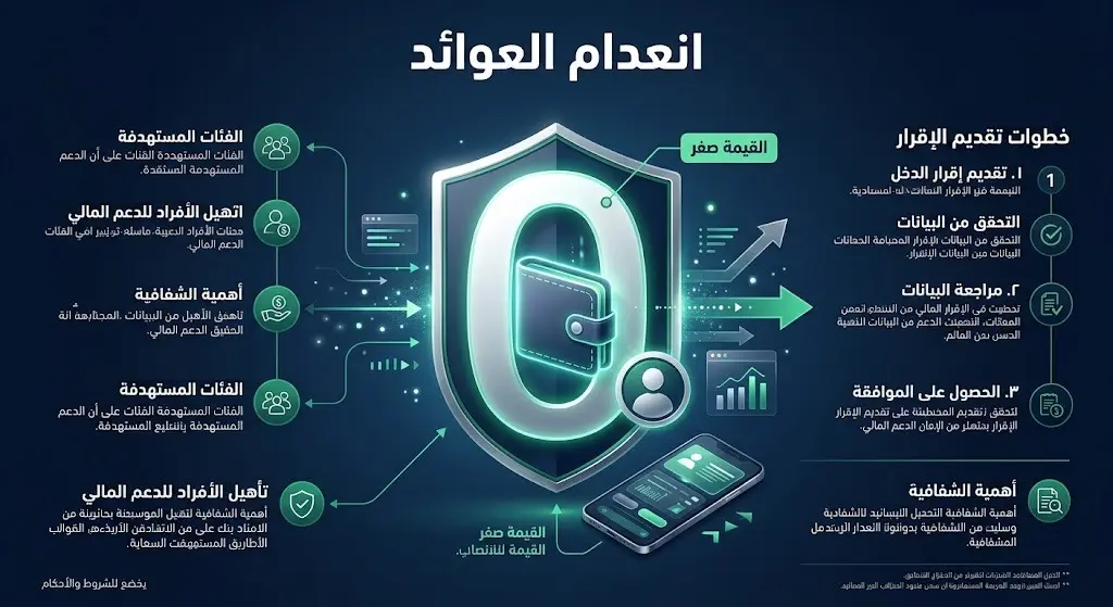 تصميم تعبيري يبرز أهمية إدخال القيمة صفر عند عدم وجود عوائد مالية لضمان استمرار الدعم.