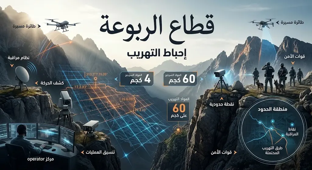 رسم تعبيري وإنفوجرافيك يجسد يقظة حرس الحدود والعمليات الاستباقية في قطاع الربوعة لإحباط محاولات تهريب المخدرات.