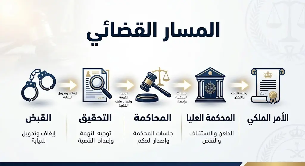 إنفوجرافيك يوضح التسلسل النظامي والمسار القضائي لتنفيذ الأحكام الشرعية بدءاً من القبض والتحقيق وصولاً إلى الأمر الملكي.
