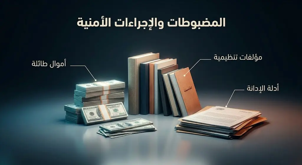 تصميم بصري يعرض المضبوطات التي حرزتها الجهات الأمنية والتي تشمل مبالغ مالية ضخمة ومؤلفات تنظيمية، مزود بنصوص توضيحية.
