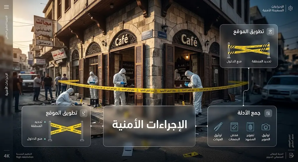 تصميم يدمج بين مشهد تطويق موقع الانفجار بدمشق وعناصر إنفوجرافيك توضح الإجراءات الأمنية وجمع الأدلة.
