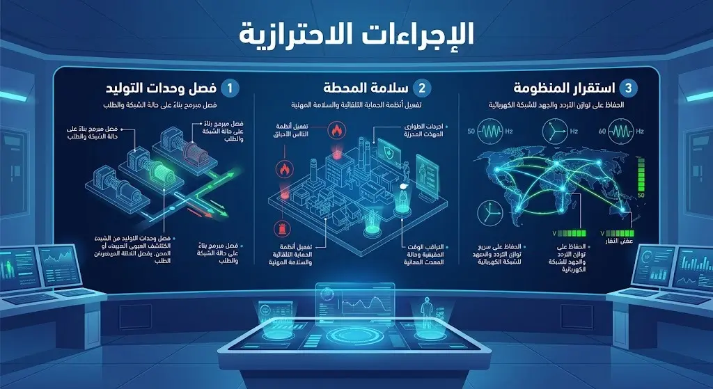 إنفوجرافيك يستعرض الإجراءات التشغيلية والاحترازية للحفاظ على استقرار المنظومة الكهربائية.