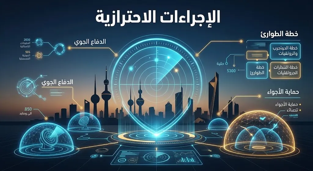 تصميم إنفوجرافيك خبري يوضح تفعيل منظومات الدفاع الجوي الكويتي ضمن خطة الطوارئ لحماية الأجواء الوطنية وتأمينها.