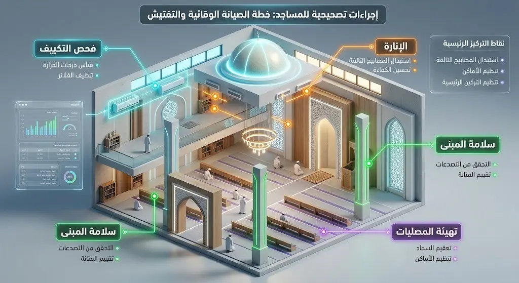 تصميم بصري يدمج بين المعمار والإنفوجرافيك، يوضح أبرز نقاط الفحص في المساجد كالتكييف والإنارة والسلامة الإنشائية.