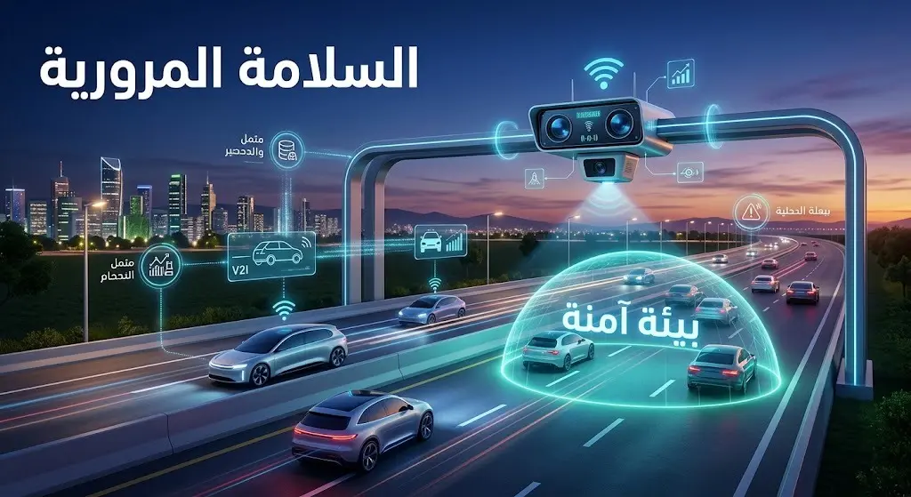 تصميم تعبيري ذو طابع تقني يبرز أهمية السلامة المرورية والأنظمة الذكية في توفير بيئة آمنة على الطرقات.