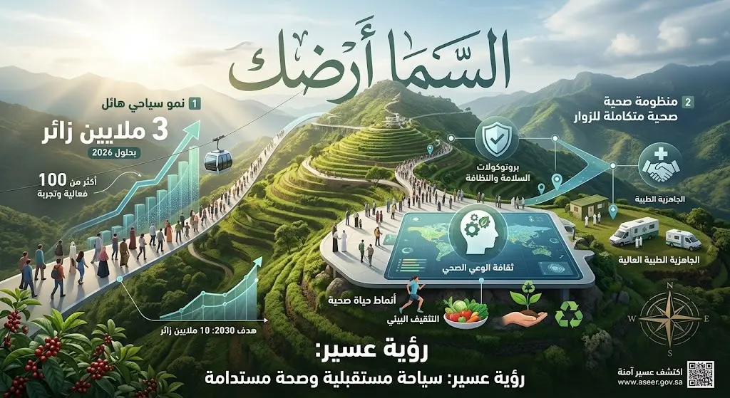 مشهد تعبيري وتصميم بياني يعكس الاستعدادات لاستقبال 3 ملايين زائر في عسير تحت شعار السما أرضك مع التركيز على الوعي الصحي.
