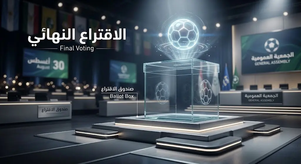 تصميم تعبيري لصندوق اقتراع حديث يرمز للإجراءات الختامية ويوم التصويت لانتخابات اتحاد كرة القدم