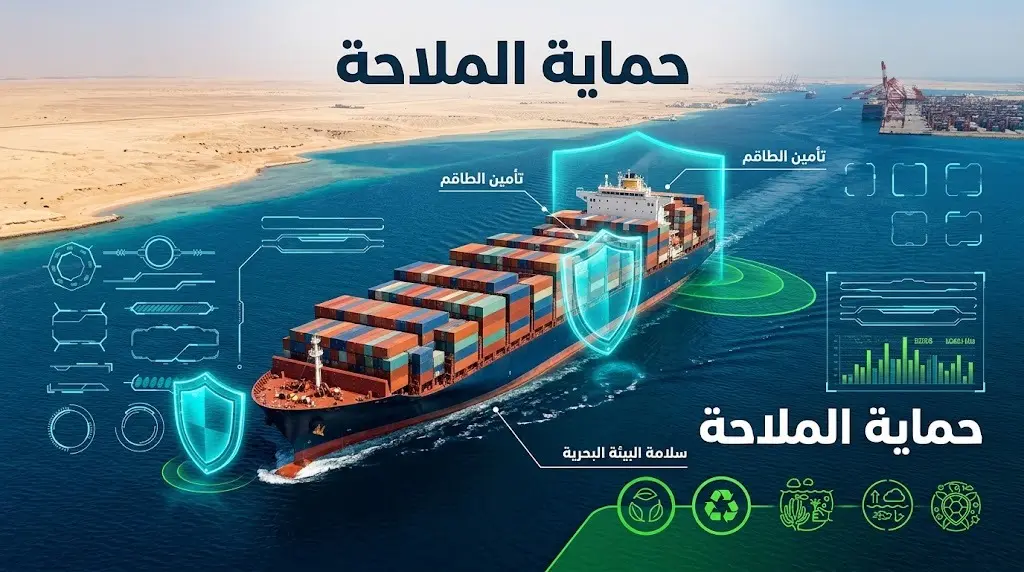 تصميم إنفوجرافيك يوضح الإجراءات الرسمية لحماية الملاحة في البحر الأحمر وتأمين السفن والبيئة البحرية.