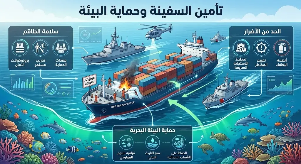 تصميم إنفوجرافيك يوضح الإجراءات المتخذة لتأمين السفينة التجارية وحماية البيئة البحرية في البحر الأحمر من أضرار الحريق.