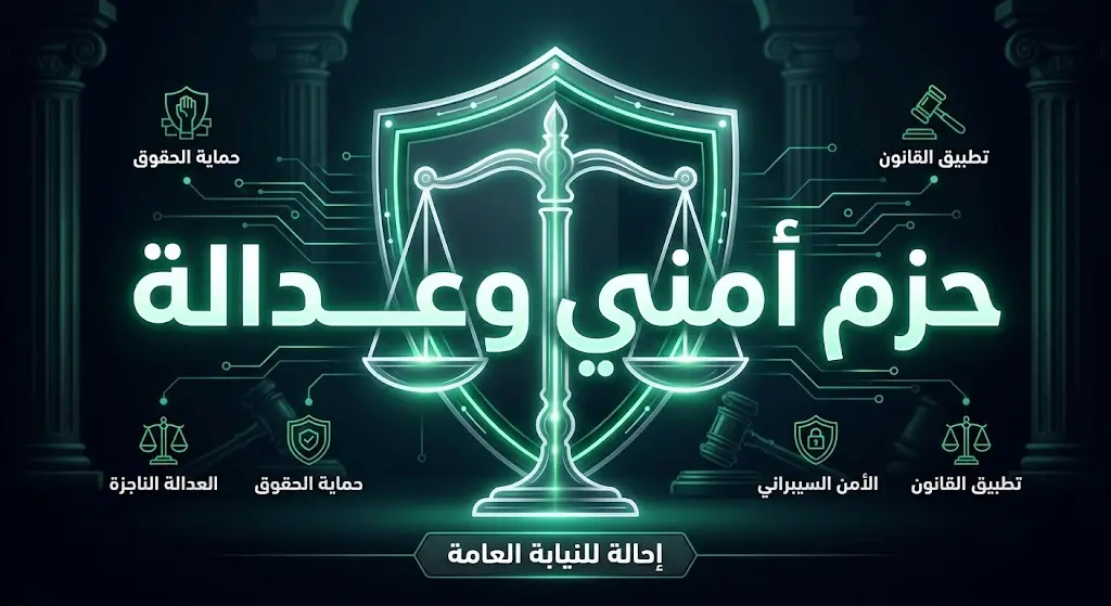 تصميم تعبيري حديث يدمج بين درع الأمن وميزان العدالة للإشارة إلى الإجراءات القانونية الصارمة ضد المجرمين.