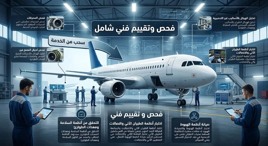 تصميم إنفوجرافيك يوضح سحب الطائرة من الخدمة ونقلها للصيانة لإجراء الفحص والتقييم الفني الشامل.
