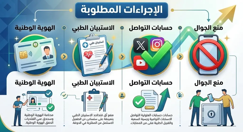 إنفوجرافيك احترافي يوضح الإجراءات المطلوبة من المرشحين للكليات العسكرية بما في ذلك إحضار الهوية، تعبئة الاستبيان، ومنع الجوال.