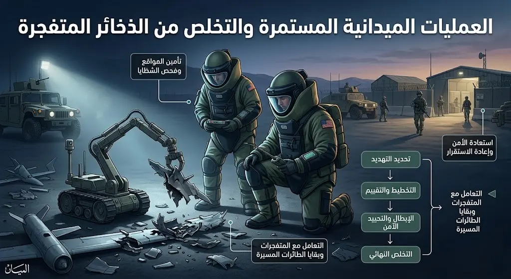 تصميم يظهر وحدات الهندسة العسكرية أثناء فحص وتأمين المواقع والتعامل مع مخلفات المقذوفات.