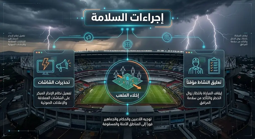 تصميم إنفوجرافيك يستعرض الإجراءات الميدانية الطارئة في ملعب أزتيكا بسبب العواصف الرعدية، موضحاً تحذيرات الشاشات وإخلاء أرضية الملعب.