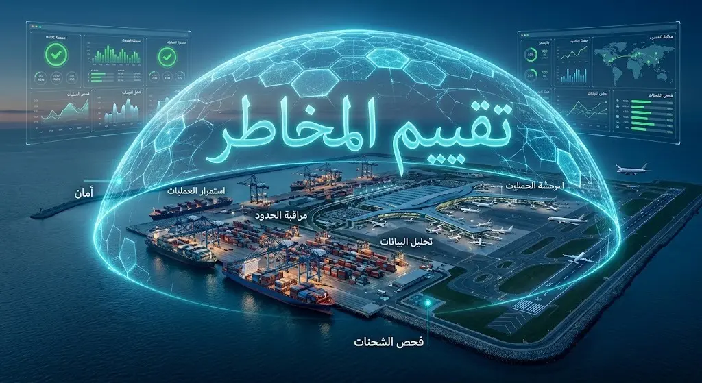 تصميم فني يدمج بين ميناء ومطار العقبة تحت درع أمني رقمي مضيء، يرمز لتقييم المخاطر واستمرار العمليات بأمان مع نصوص عربية واضحة.