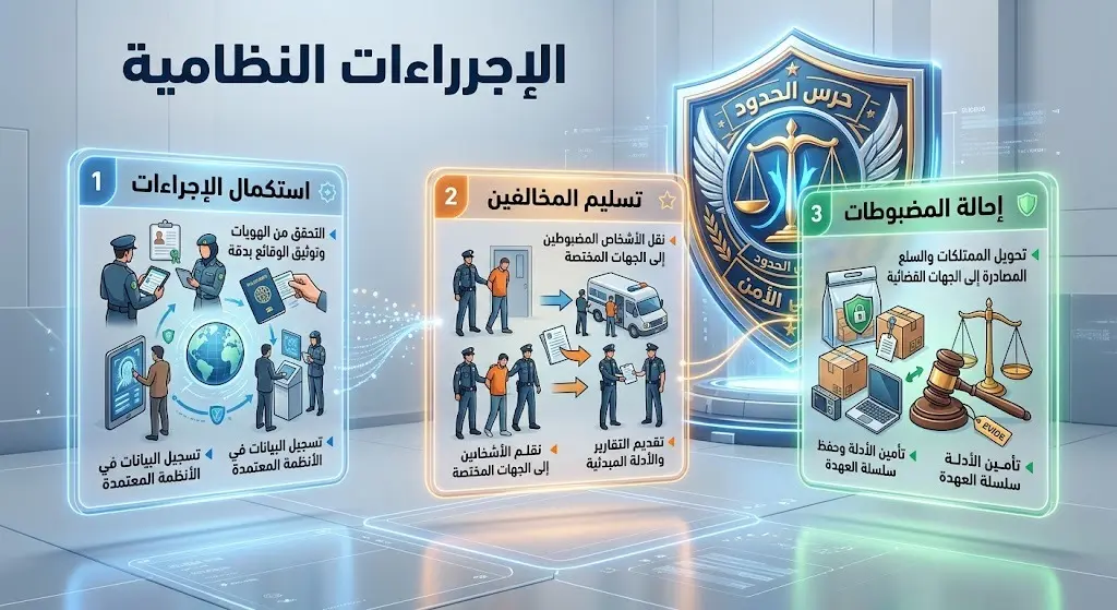 تصميم مرئي يبرز الخطوات القانونية والإجراءات النظامية المتخذة بحق مهربي المخدرات ومخالفي نظام أمن الحدود