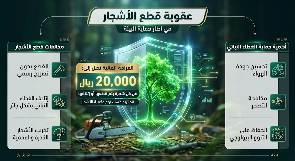 إنفوجرافيك يوضح عقوبة قطع أو اقتلاع الأشجار في المحميات الطبيعية والبالغة 20 ألف ريال سعودي