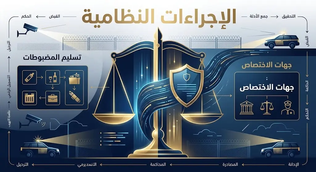 تصميم تعبيري يجسد الإجراءات القانونية وتسليم المضبوطات للجهات المختصة.