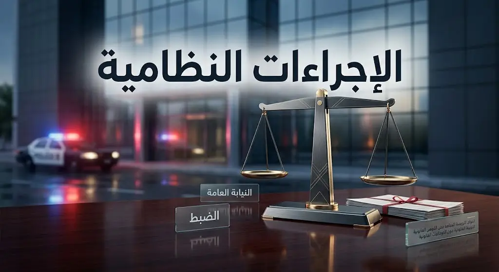 صورة تعبيرية تظهر ميزان العدالة مع إضاءات أمنية تعكس الحزم في تطبيق الأنظمة القانونية بحق المتهمين.