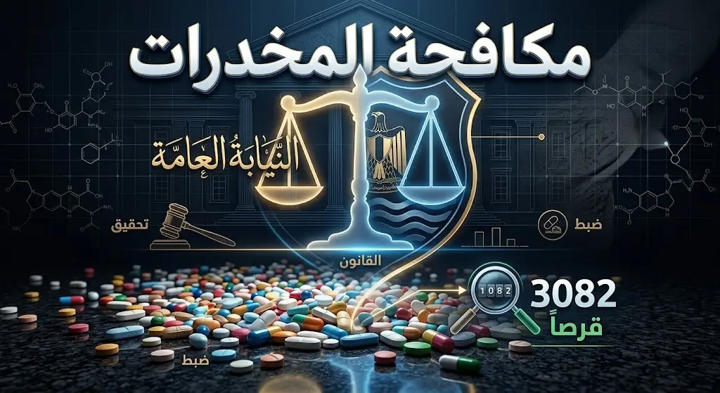تصميم تعبيري يبرز جهود مكافحة المخدرات في ضبط 3082 قرصاً وإحالة المخالفين للنيابة العامة.
