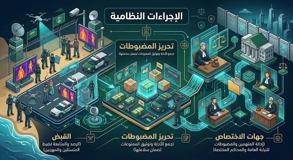 صورة تعبيرية توضح الإجراءات النظامية المتبعة بحق المخالفين ومهربي المخدرات وتسليمهم لجهات الاختصاص.