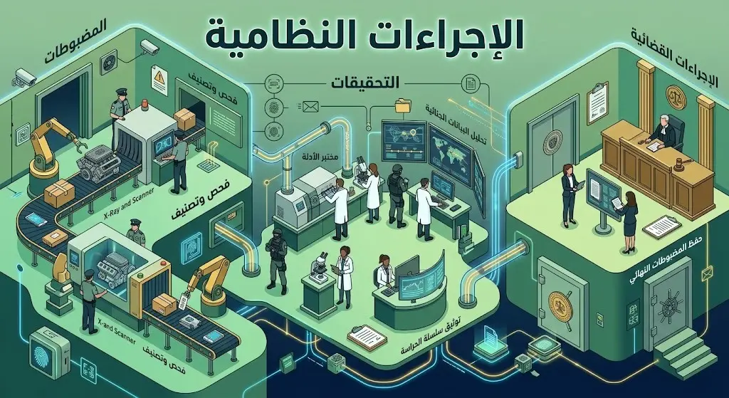 صورة تعبيرية توضح الإجراءات الأمنية والقانونية المتبعة في تأمين وتحريز المضبوطات وتسليمها لجهات التحقيق المختصة.