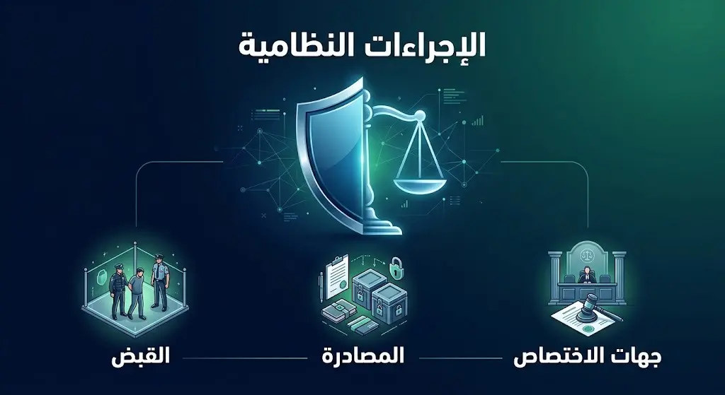 تصميم تعبيري يدمج بين درع الأمن وميزان العدالة لتوضيح الإجراءات النظامية بحق المهربين والمضبوطات.