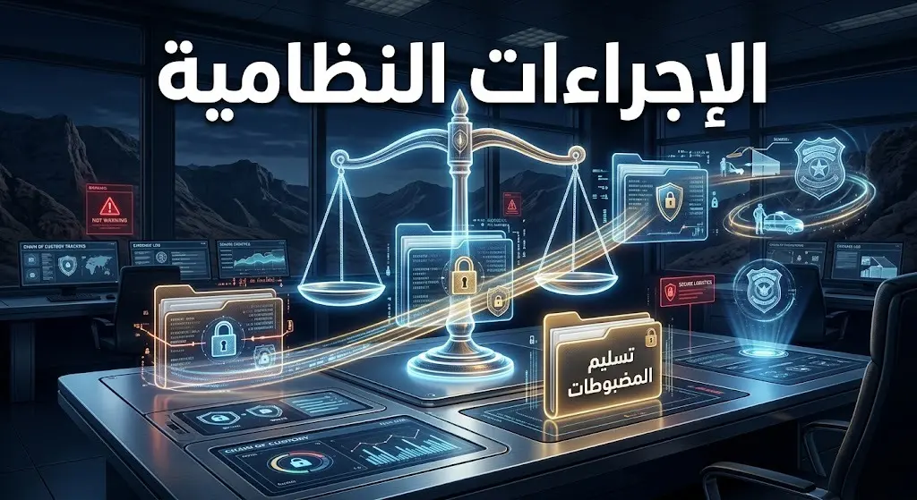 تصميم تعبيري يجسد الإجراءات النظامية الصارمة وتحويل المضبوطات الأمنية للجهات المختصة.